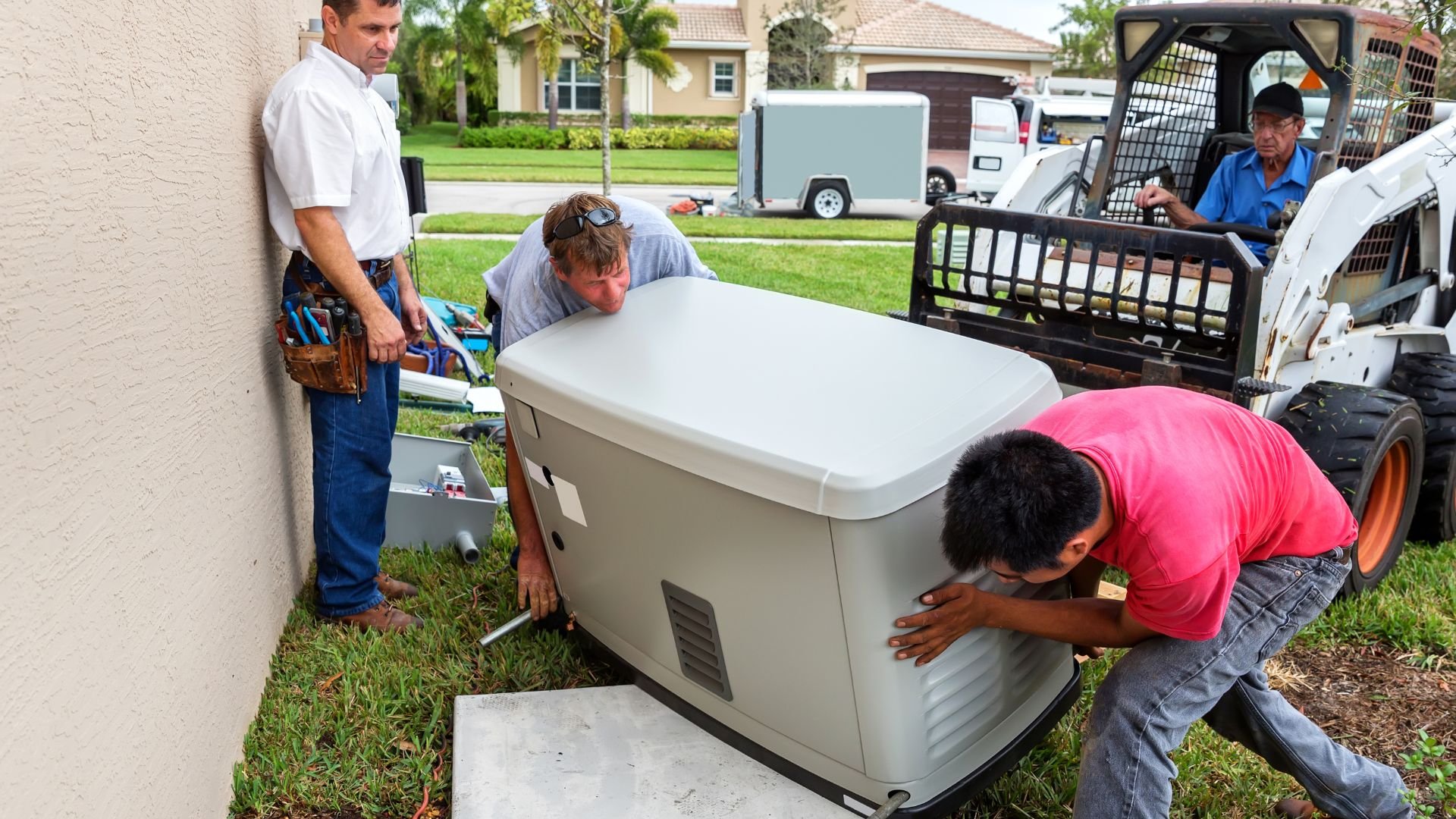 Technicians installing a large generator outside a residential home